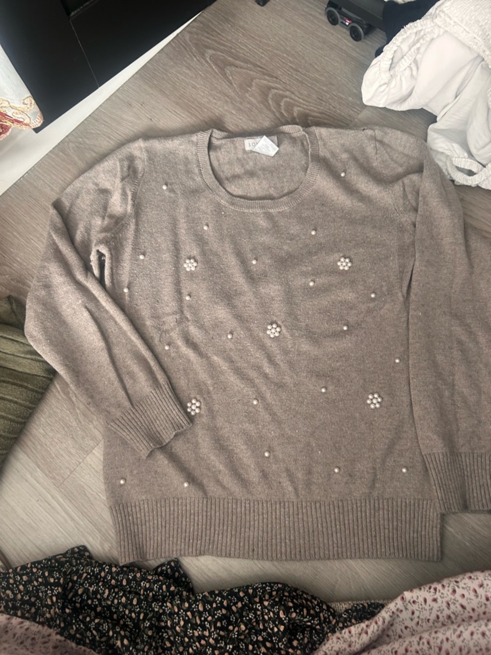 Taupe Pearl-Accent Crewneck Sweater